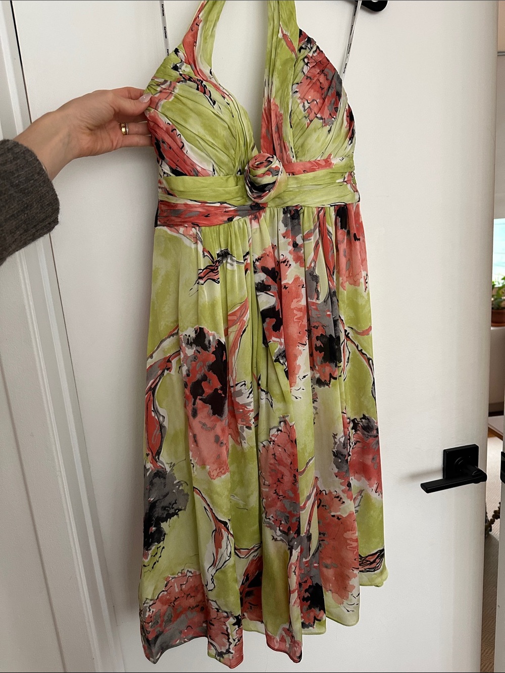 Kay Unger Lime Green Halter Dress with Coral and Gray Floral Print